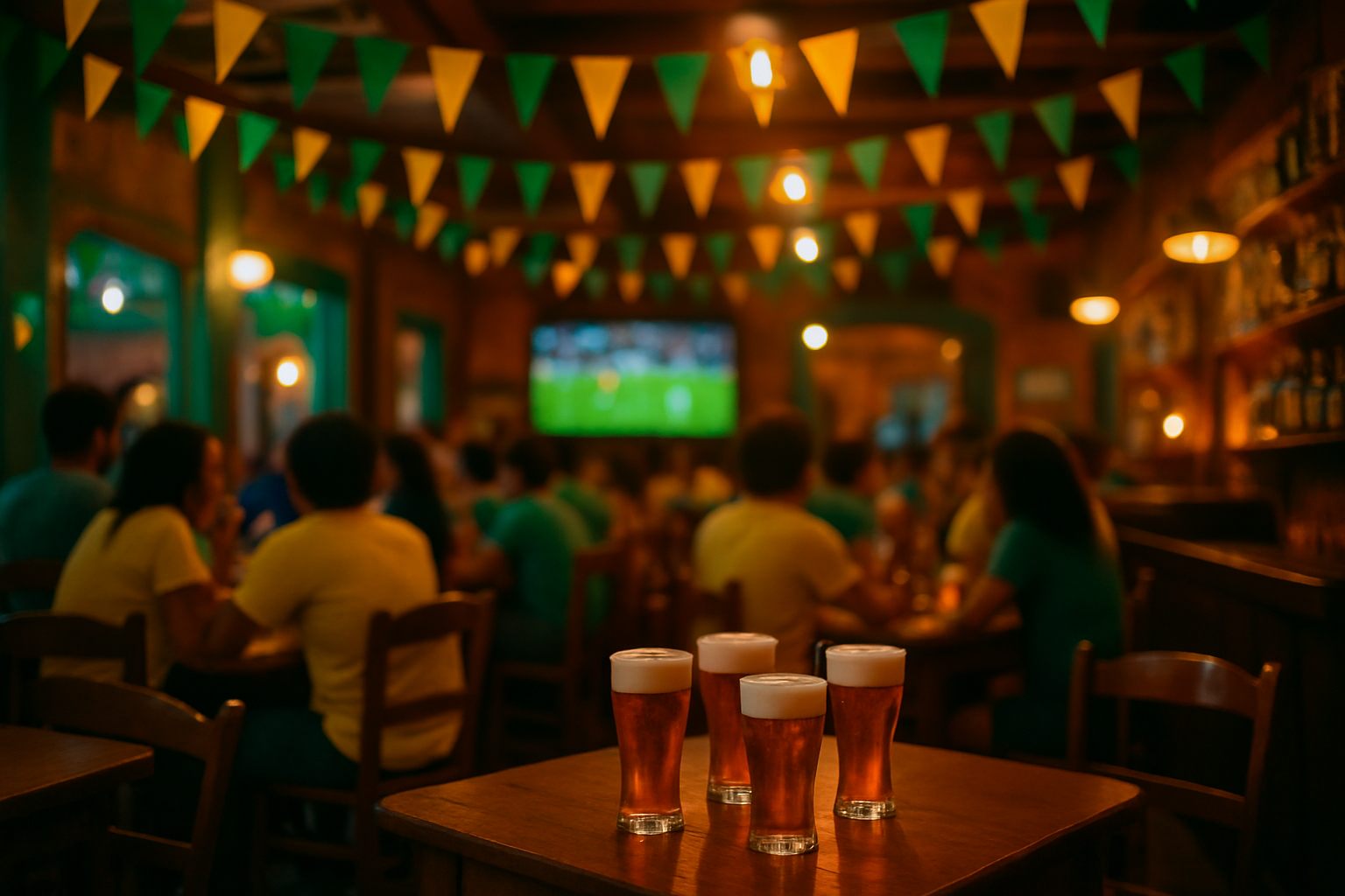 Interior do boteco decorado com bandeirinhas verde-amarelas e telão ligado em noite de jogo