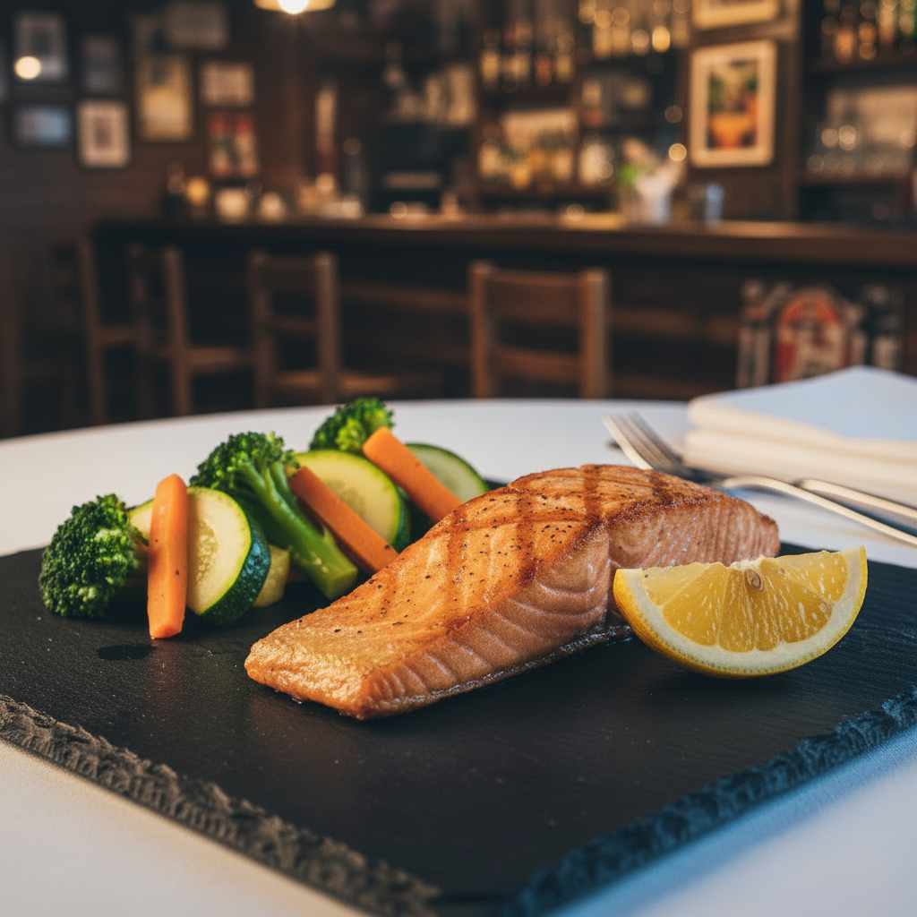 Salmão grelhado com legumes - prato do dia sexta-feira no Esquina do Boteco, Zona Norte SP