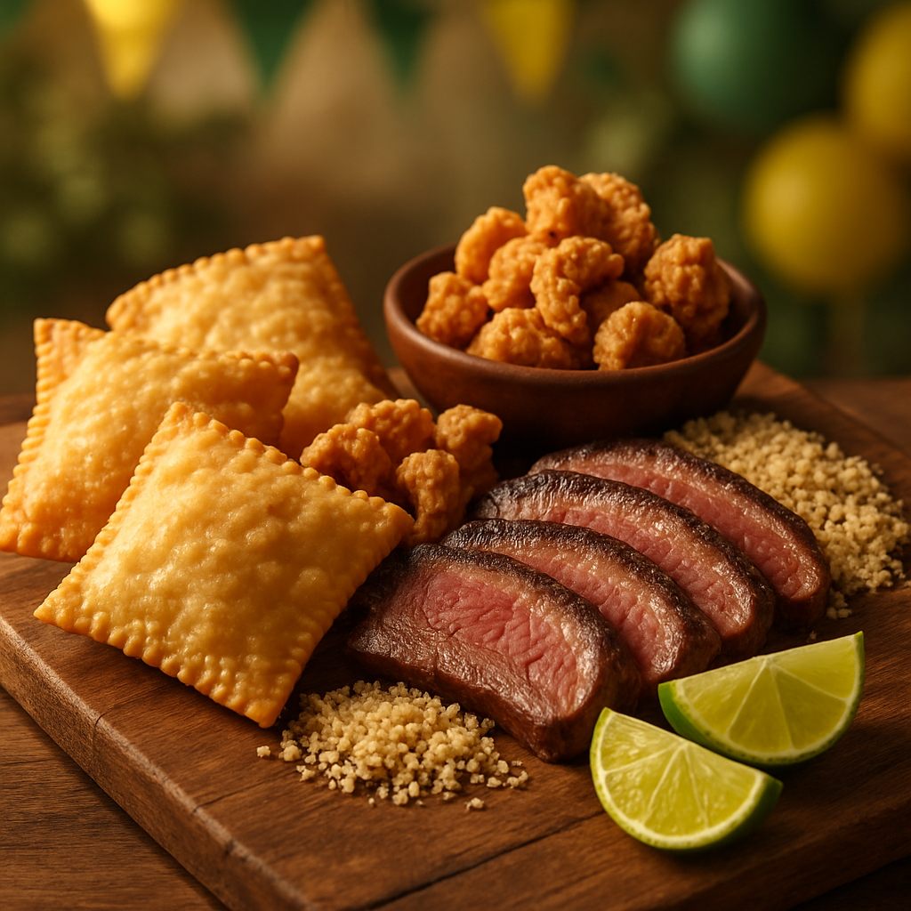 Tábua de petiscos de boteco: pastéis dourados, torresmo e picanha fatiada com farofa e limão