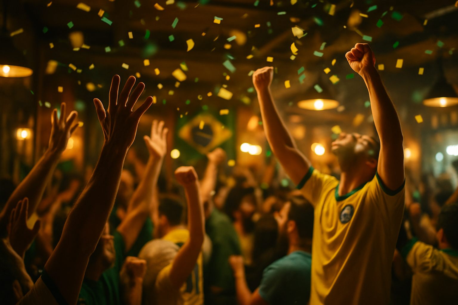 Mãos pro alto e confete verde-amarelo: a torcida comemorando gol dentro do bar